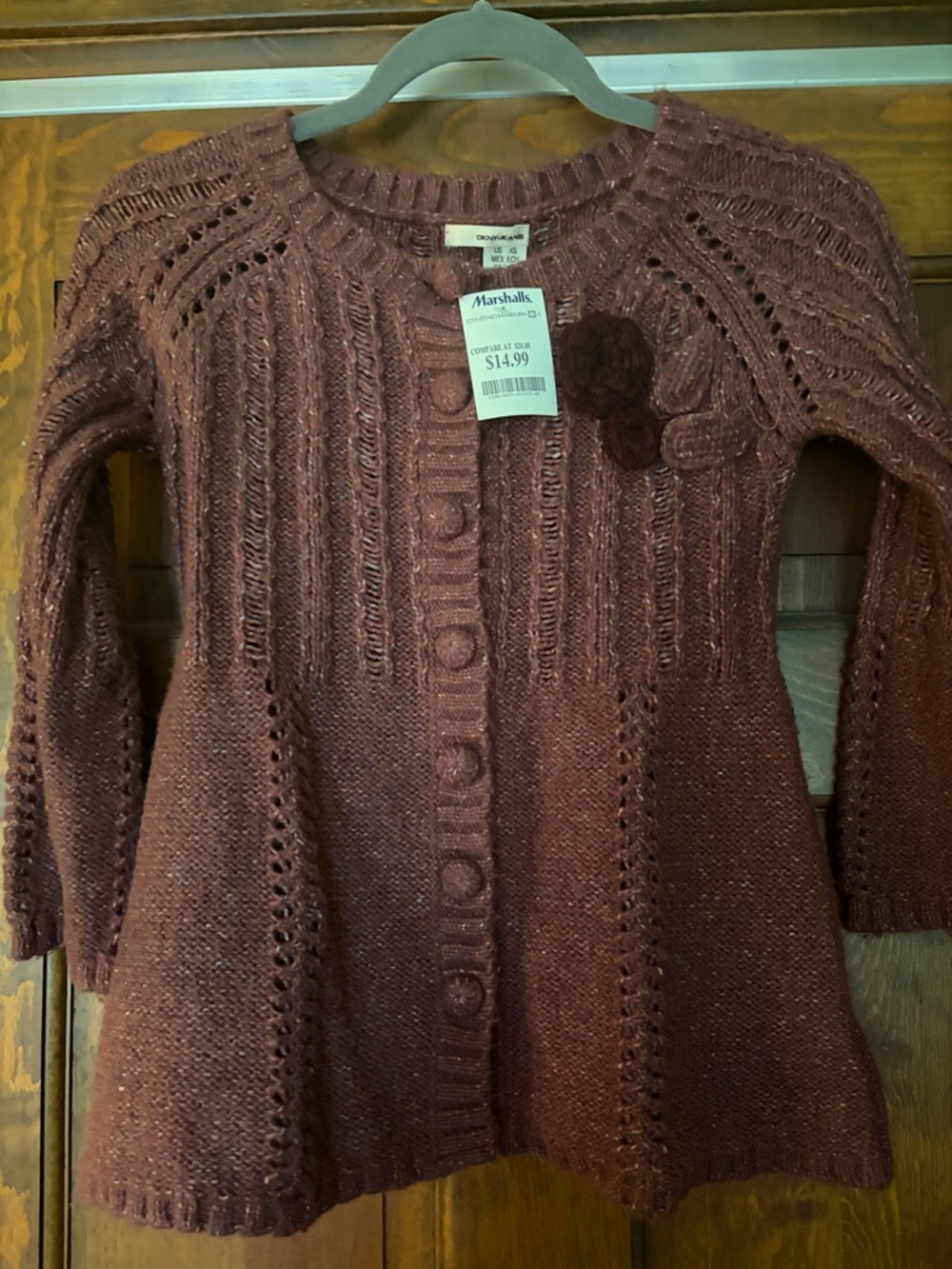 DKNY Jeans Knit Openwork Brown Women’s Sweater Cardigan